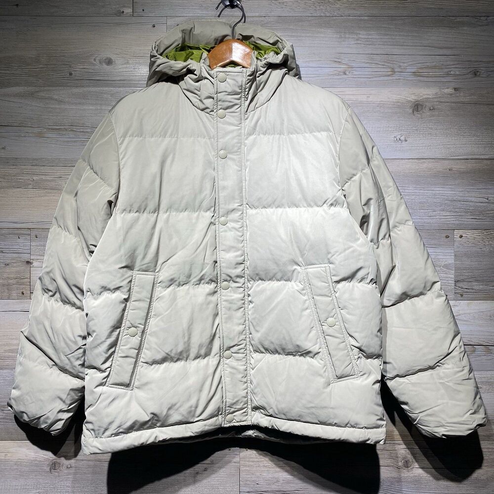 OOBE Brand Kinsley Goose Down Hooded Jacket Coat Beige Mens Large Quilted Puffer